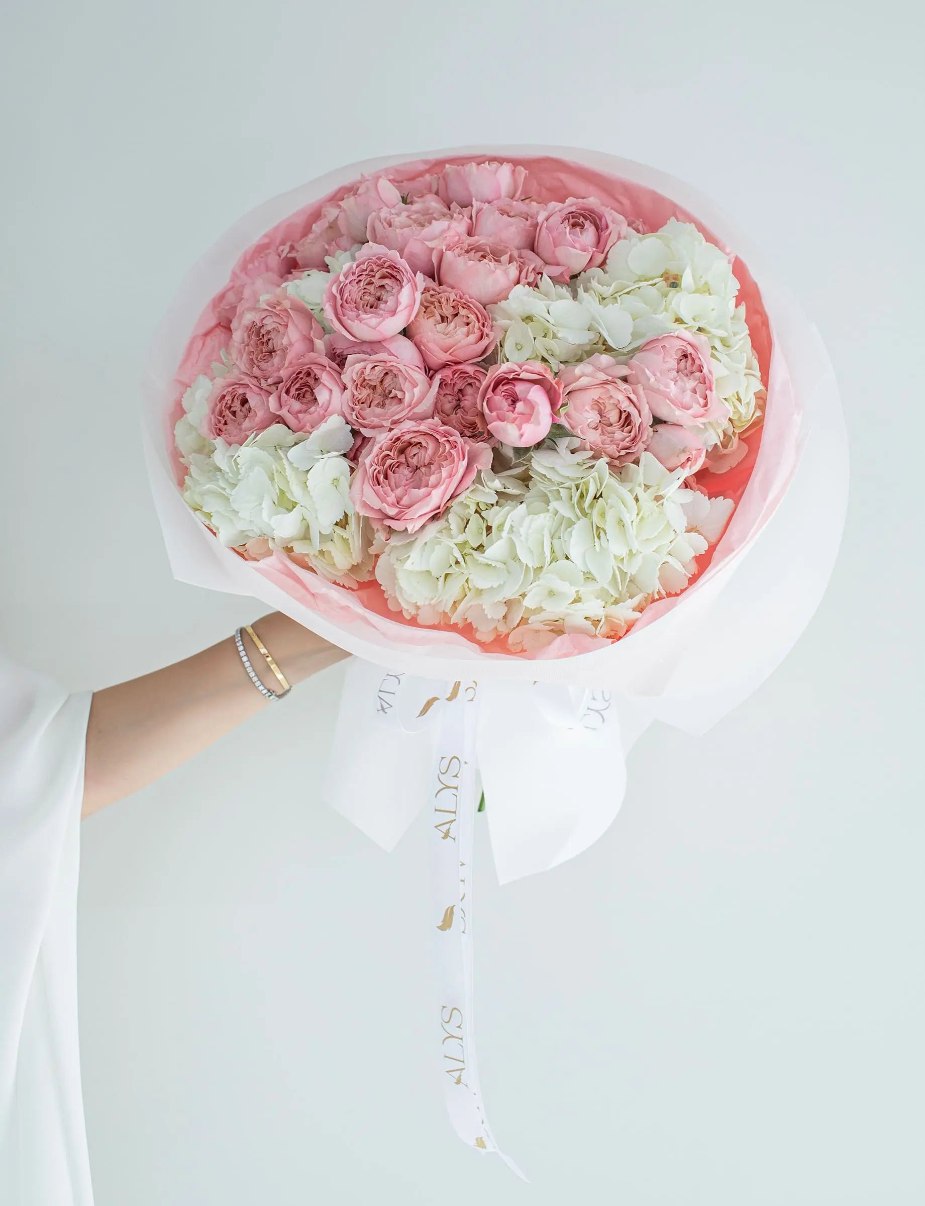 Elegant bouquet of hydrangea and peony roses by ALys Studio Dubai