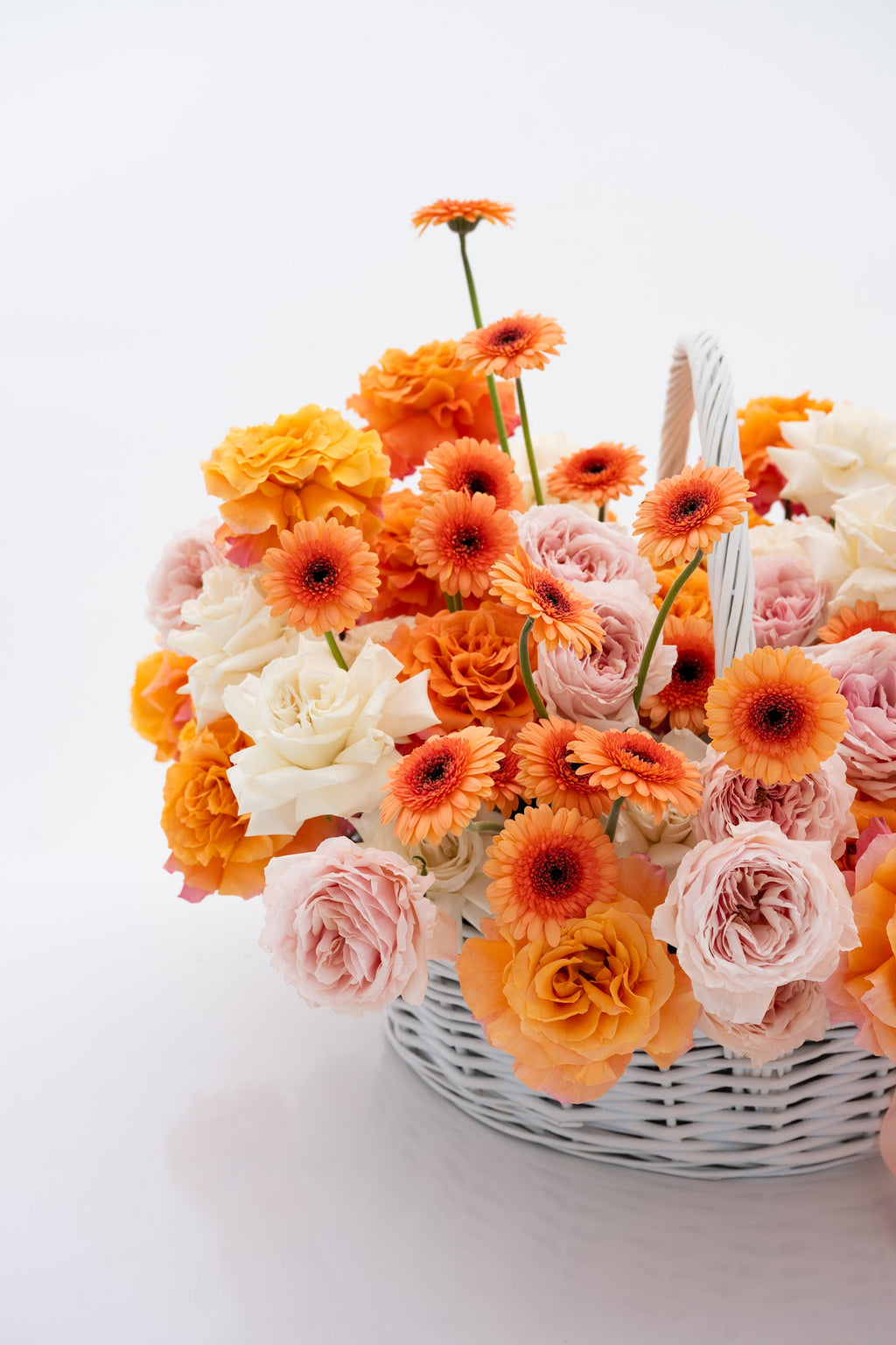 A vibrant basket of pink peony roses, gerberas, and white roses