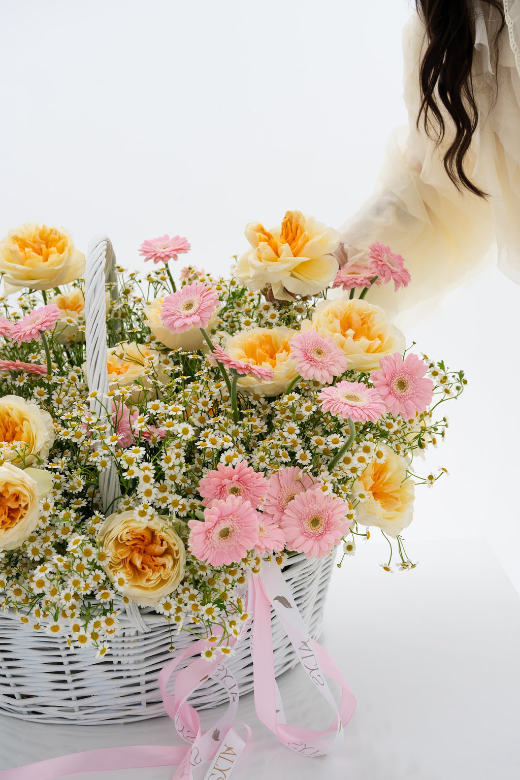 Wow Basket with Daisies, Yellow Peony Roses & Pink Gerberas