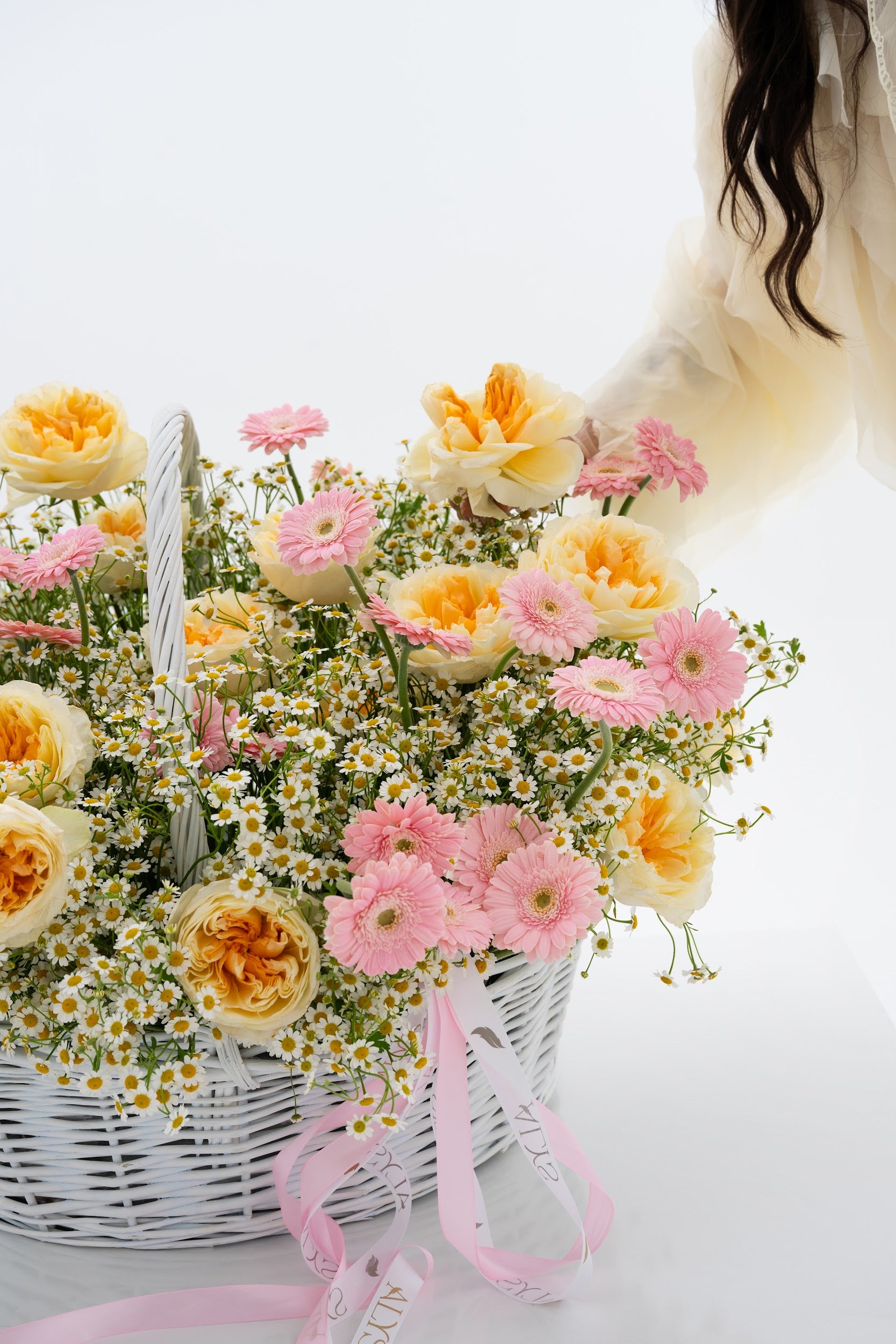 Wow Basket with Daisies, Yellow Peony Roses & Pink Gerberas