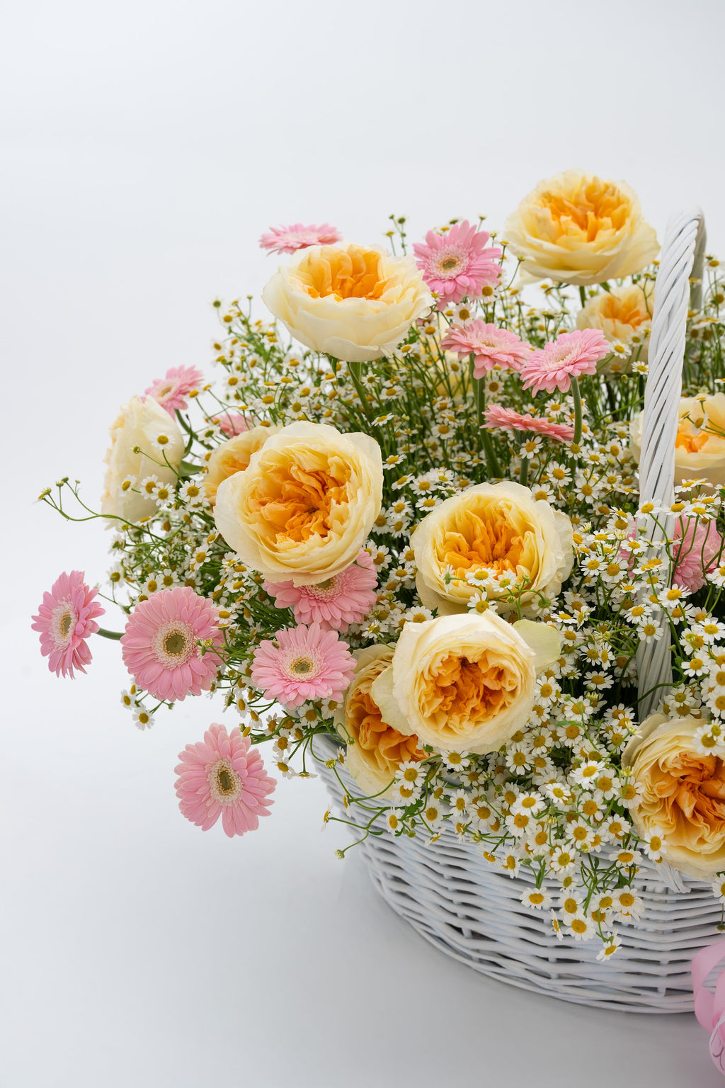 Wow Basket with Daisies, Yellow Peony Roses & Pink Gerberas
