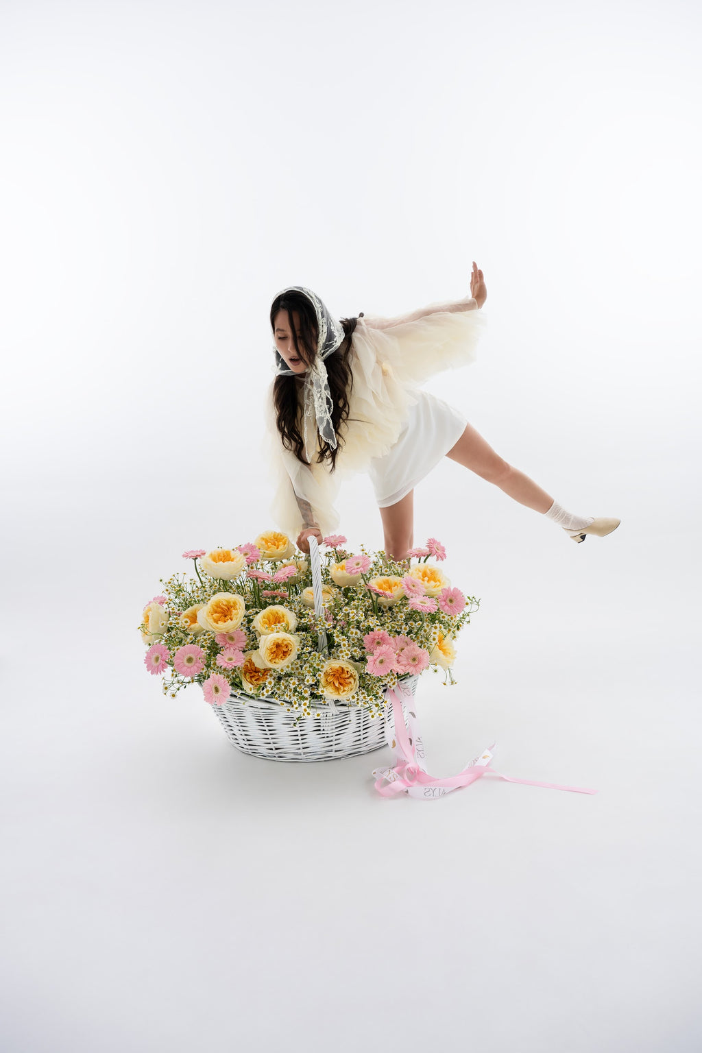 Wow Basket with Daisies, Yellow Peony Roses & Pink Gerberas