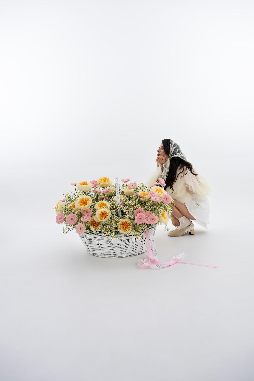 Wow Basket with Daisies, Yellow Peony Roses & Pink Gerberas