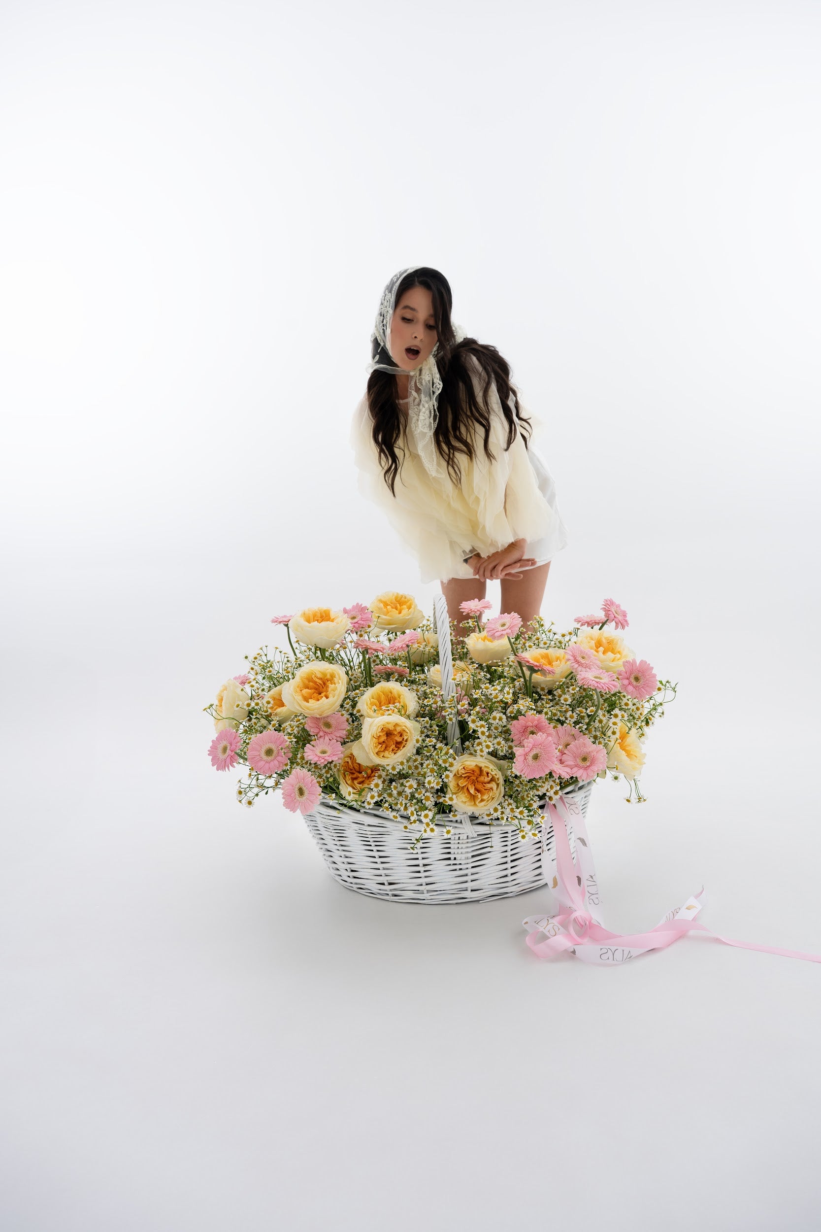 Wow Basket with Daisies, Yellow Peony Roses & Pink Gerberas