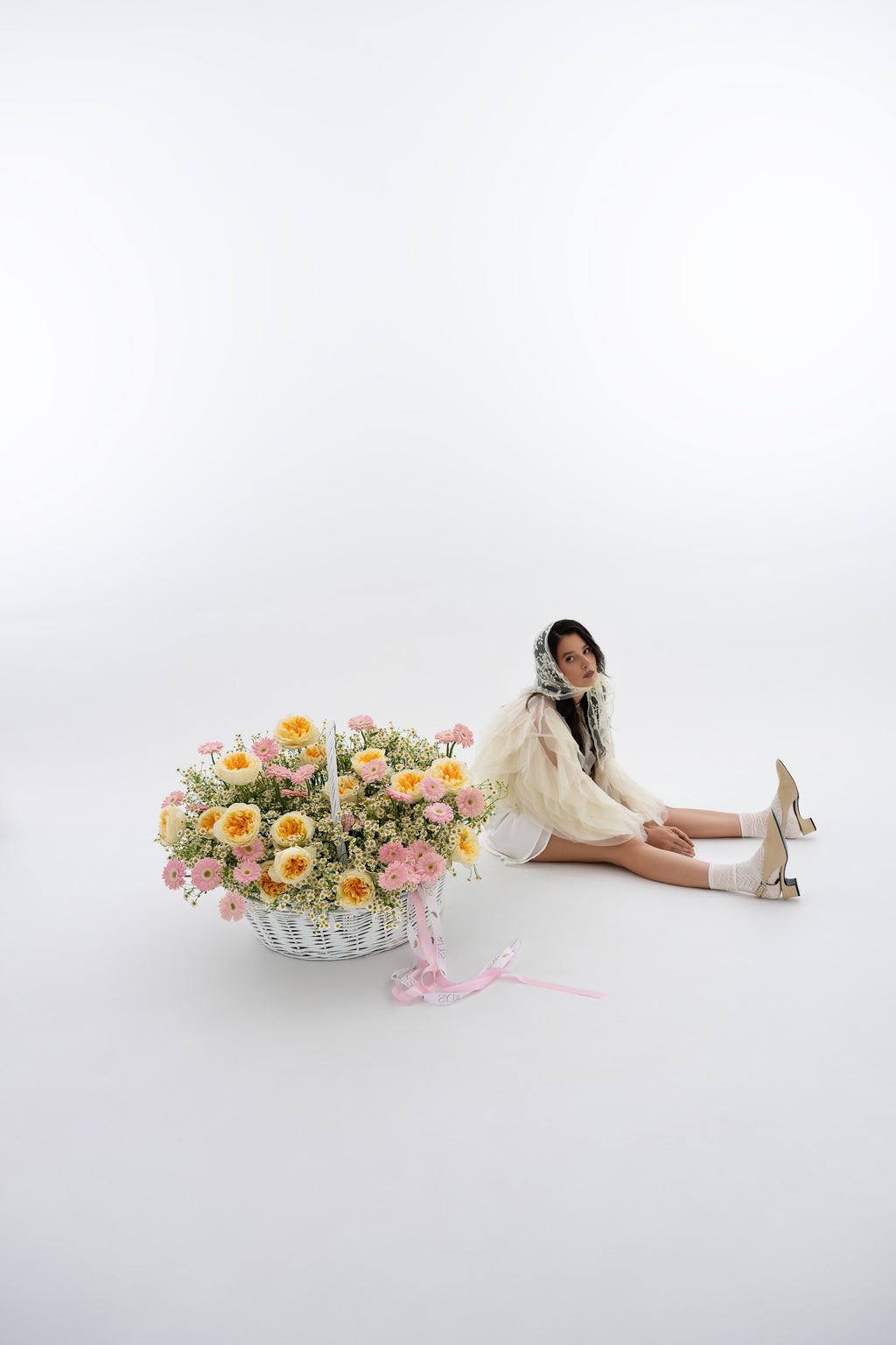 Wow Basket with Daisies, Yellow Peony Roses & Pink Gerberas