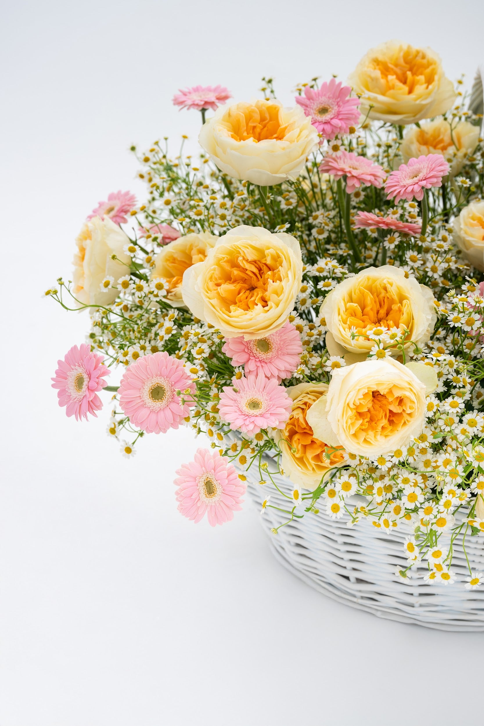 Wow Basket with Daisies, Yellow Peony Roses & Pink Gerberas