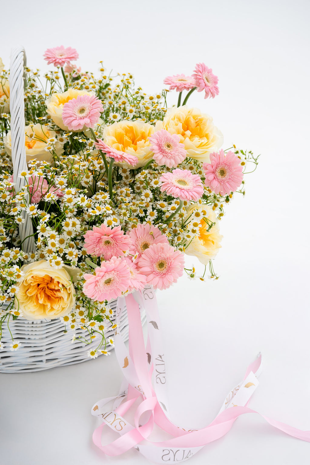 Wow Basket with Daisies, Yellow Peony Roses & Pink Gerberas