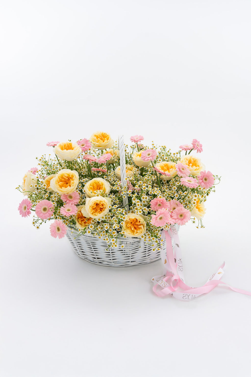 Wow Basket with Daisies, Yellow Peony Roses & Pink Gerberas