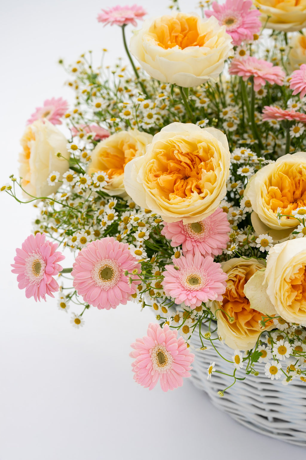 Wow Basket with Daisies, Yellow Peony Roses & Pink Gerberas