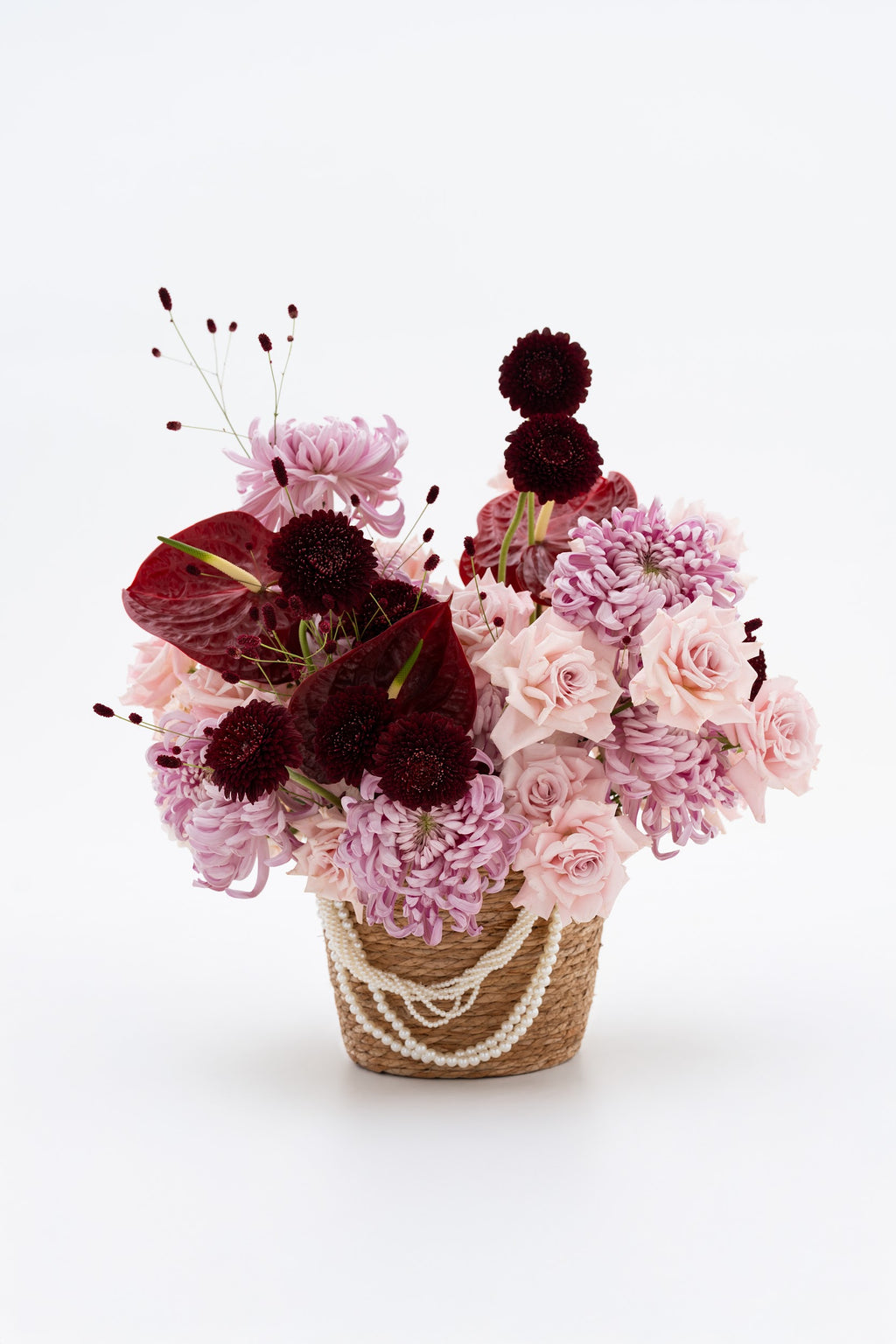 Woven Floral Basket in Pink & Burgundy with Exotic Blooms