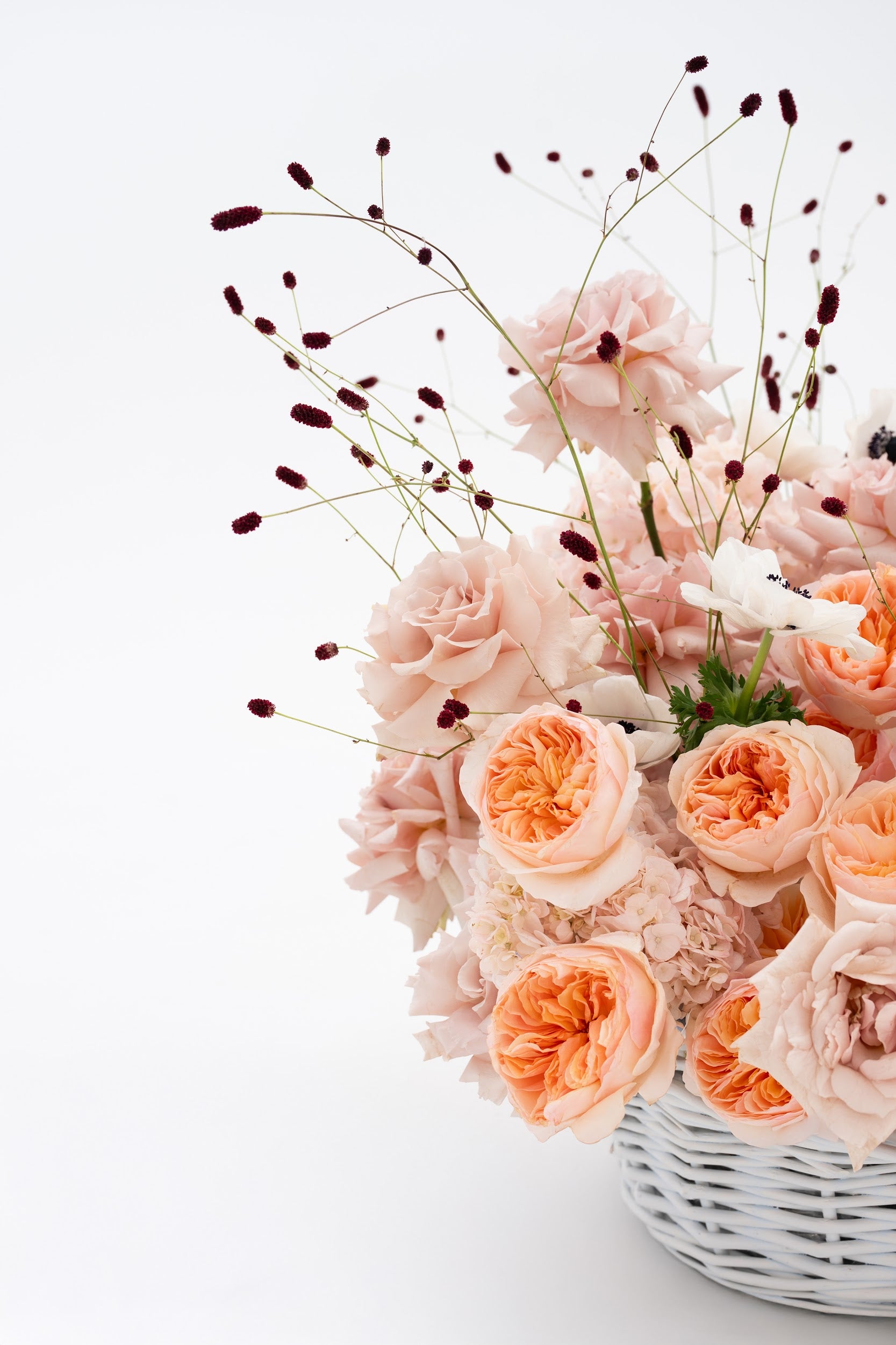 Delicate Basket with Peony Garden Roses and Anemones