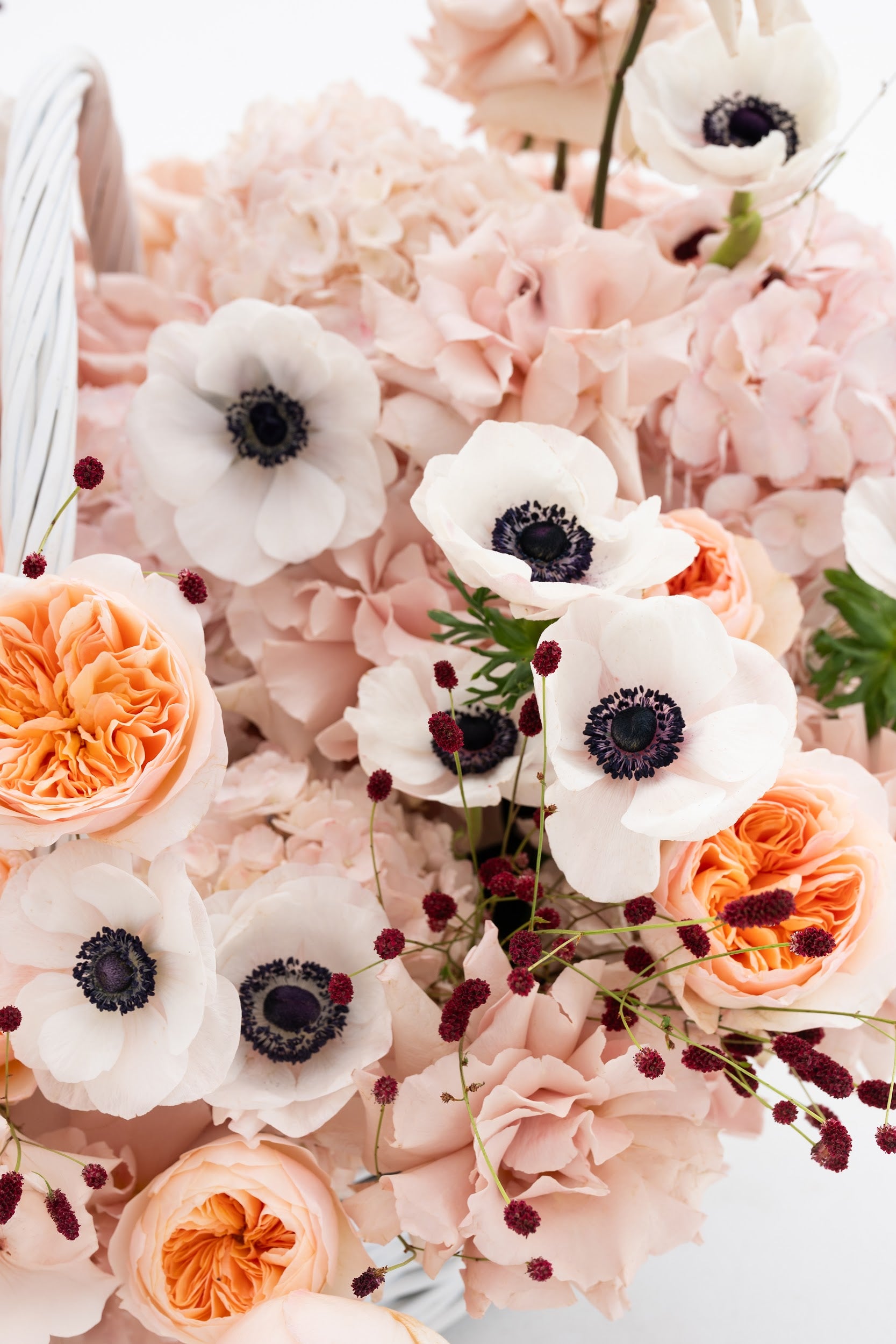 Delicate Basket with Peony Garden Roses and Anemones