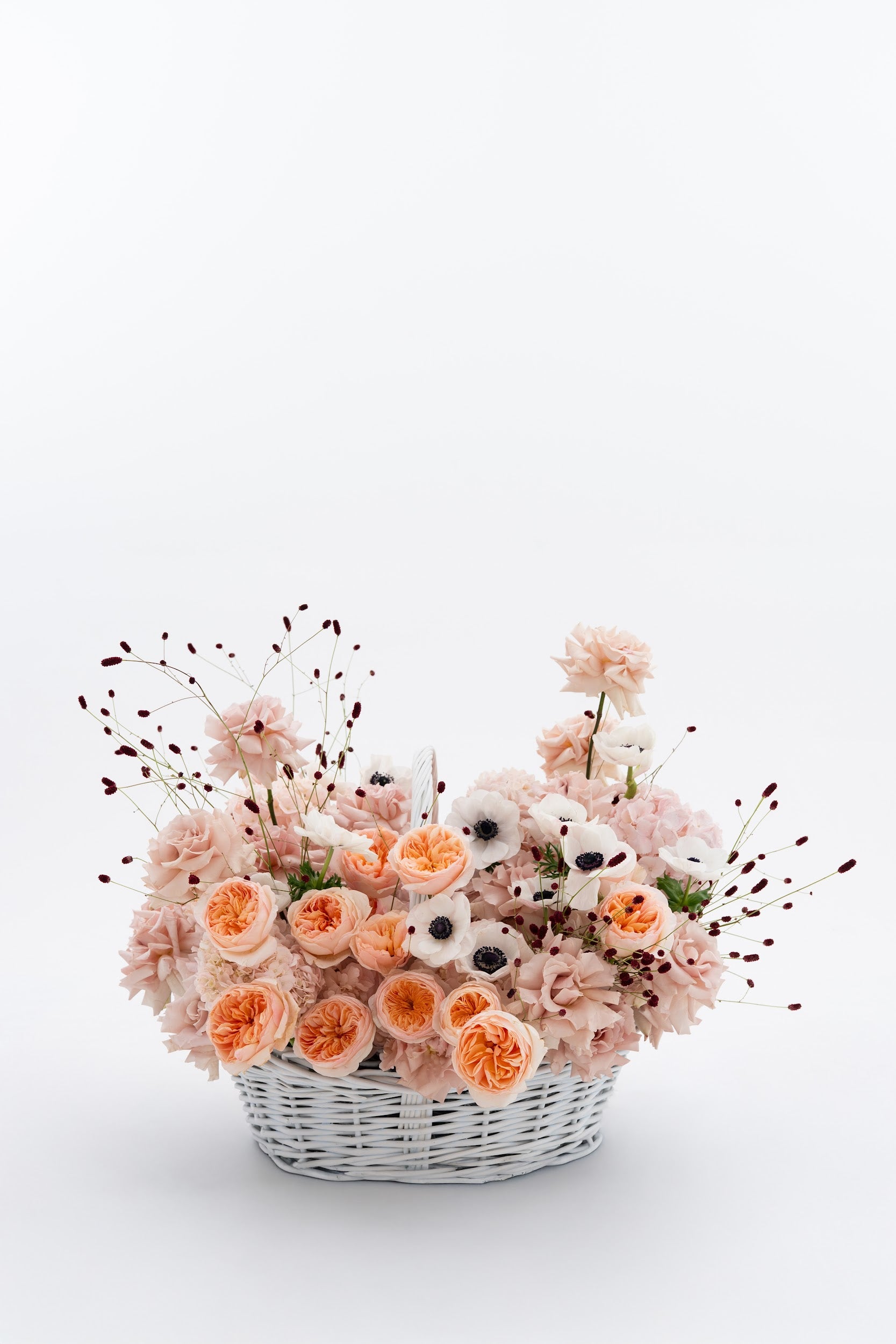 Delicate Basket with Peony Garden Roses and Anemones