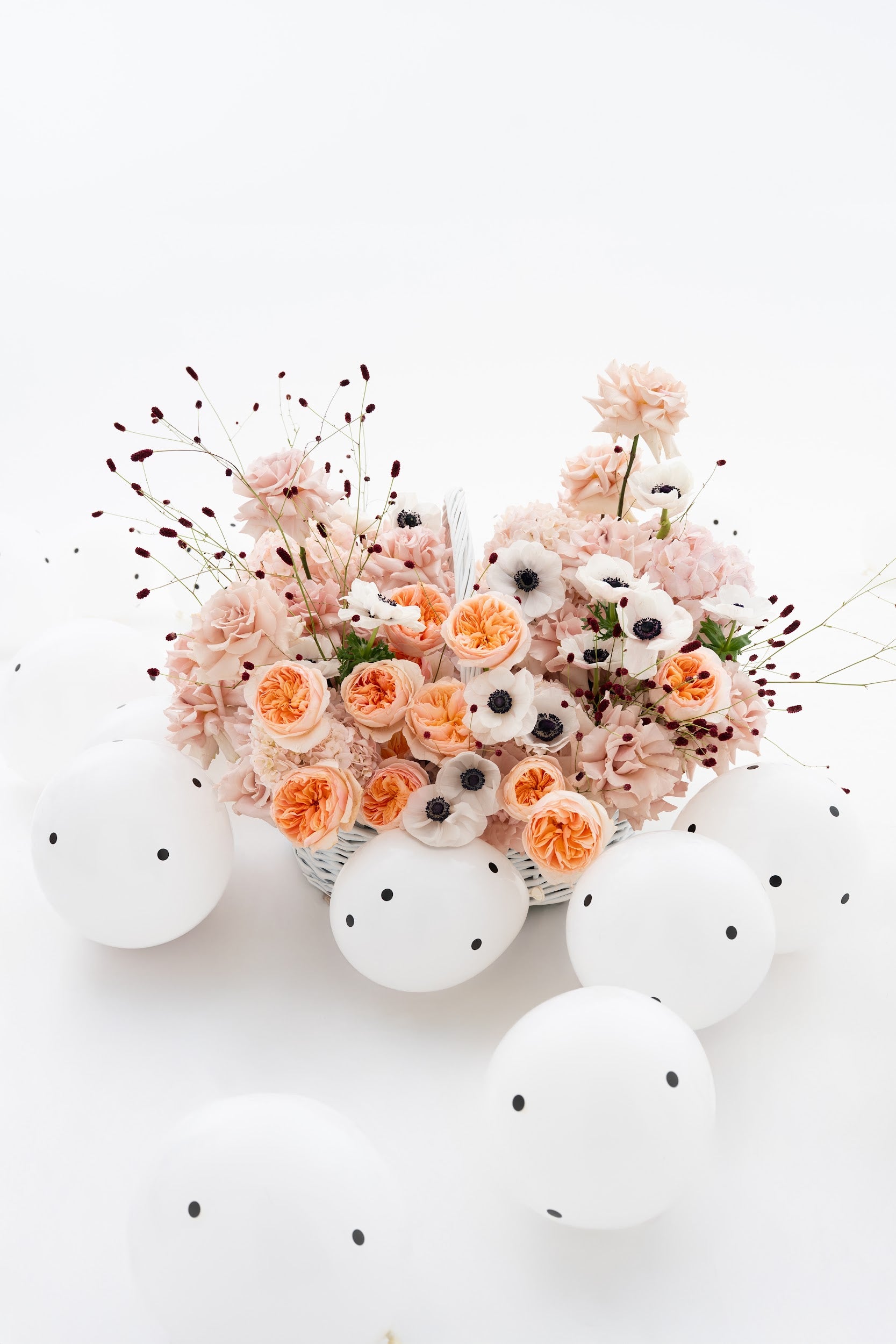 Delicate Basket with Peony Garden Roses and Anemones
